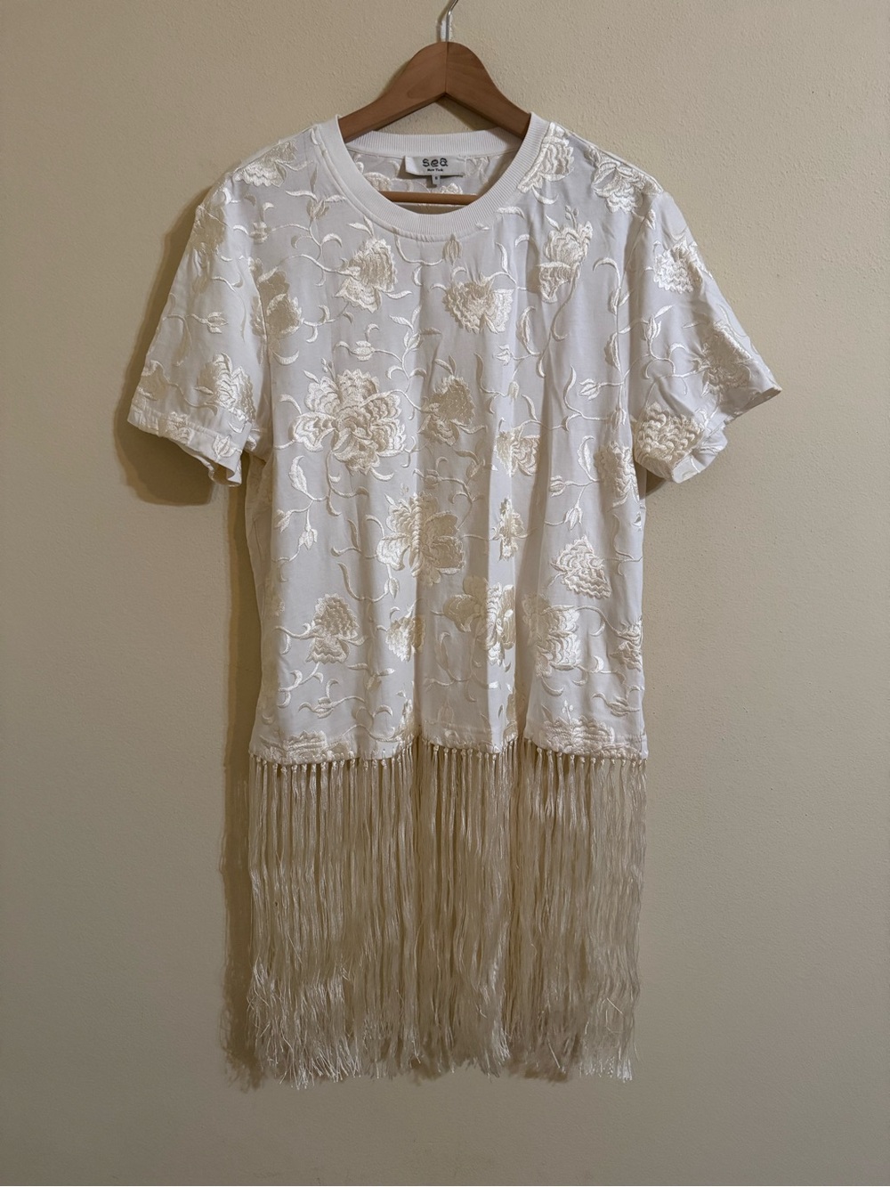 Sea New York Rafina Eyelet Embellished Tee Shirt With Fringe White Small